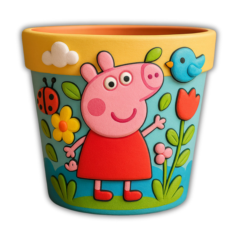 Maceta Cartoon Infantil con Cerdita y Flores en Relieve 🐷🌸 Decoración Divertida y Colorida