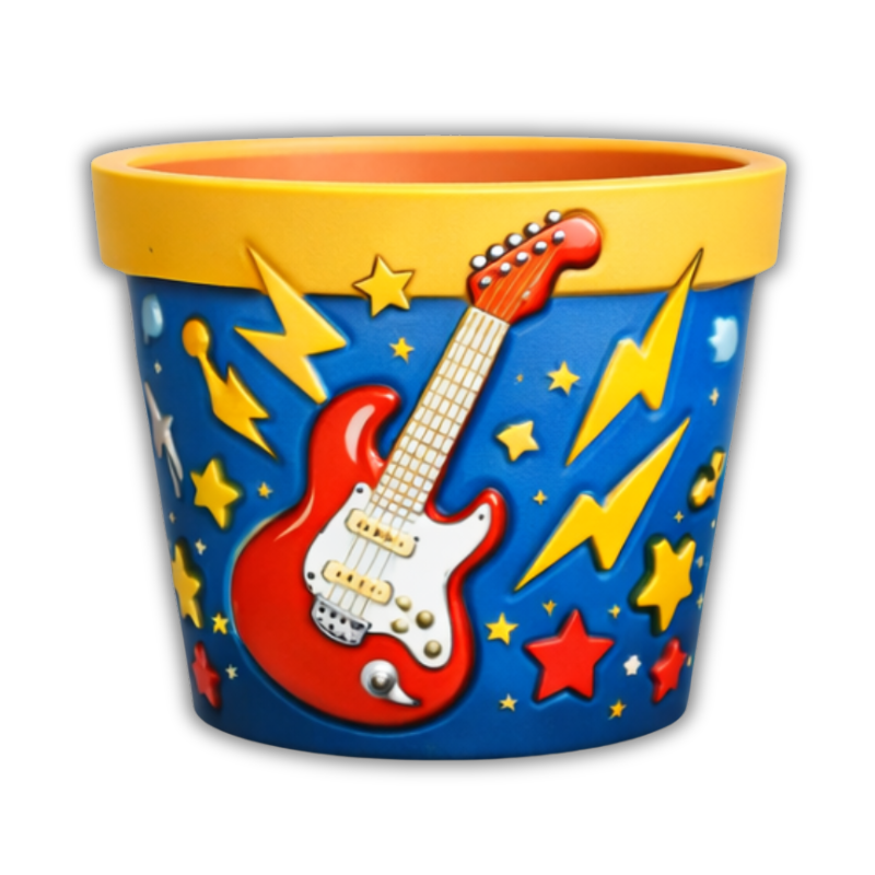 Maceta Cartoon Infantil estilo Rock con Guitarra Eléctrica y Estrellas en Relieve 🎸⭐ Decoración Rebelde y Musical