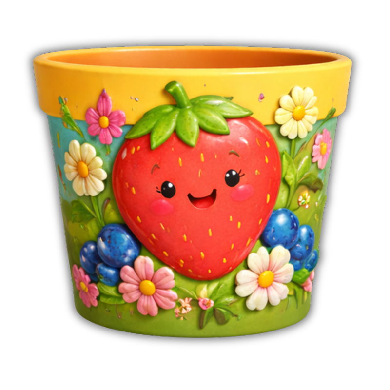 Maceta Cartoon Infantil con Fresa Sonriente y Flores en Relieve 🍓🌸 Decoración Dulce y Colorida
