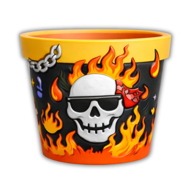 Maceta Cartoon Infantil estilo Rock con Calavera Rockera y Llamas en Relieve 💀🔥 Decoración Intensa y Alternativa