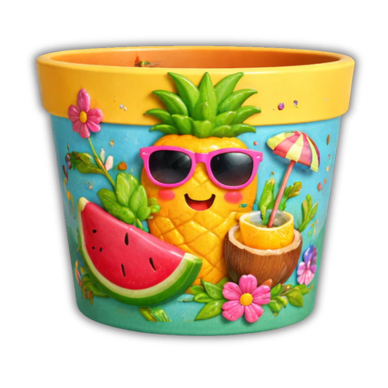 Maceta Cartoon Infantil con Piña Tropical y Elementos Veraniegos en Relieve 🍍🌴 Decoración Alegre y Divertida