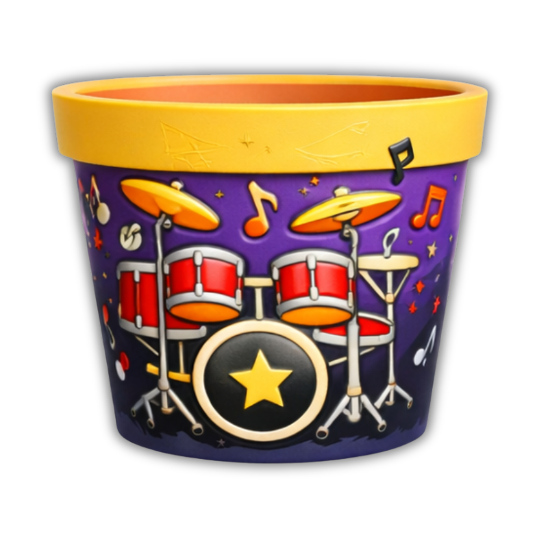 Maceta Cartoon Infantil estilo Rock con Batería Musical y Notas en Relieve 🥁🎶 Decoración Rítmica y Creativa