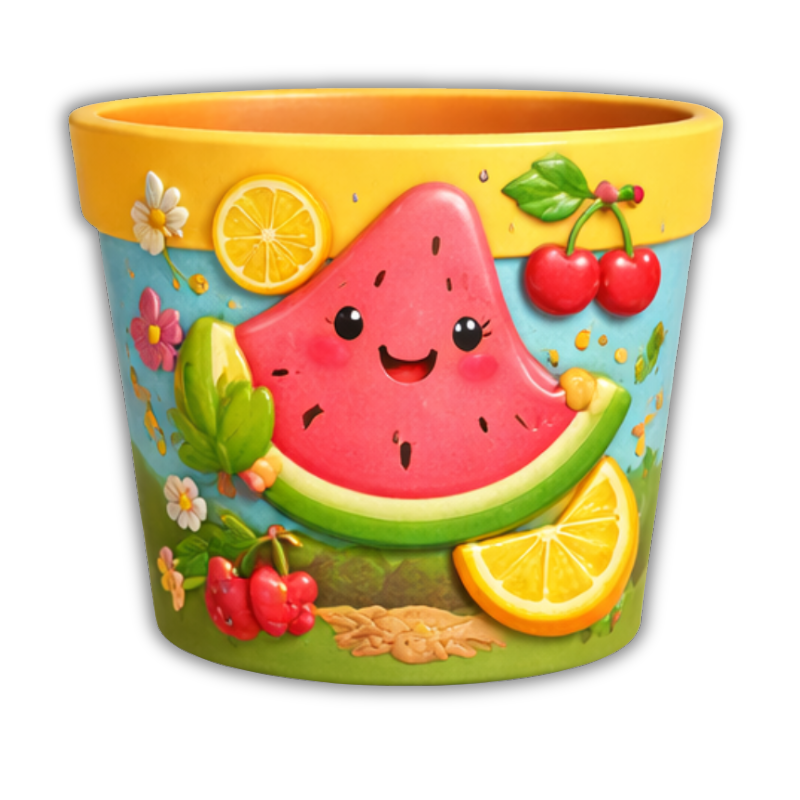 Maceta Cartoon Infantil con Sandía Sonriente y Frutas en Relieve 🍉🍒 Decoración Fresca y Juvenil