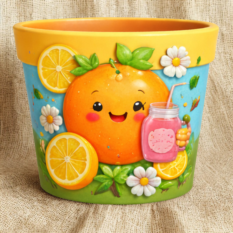 Maceta Cartoon Infantil con Naranja Dulce y Cítricos en Relieve 🍊🍹 Decoración Vibrante y Artesanal - Imagen 2