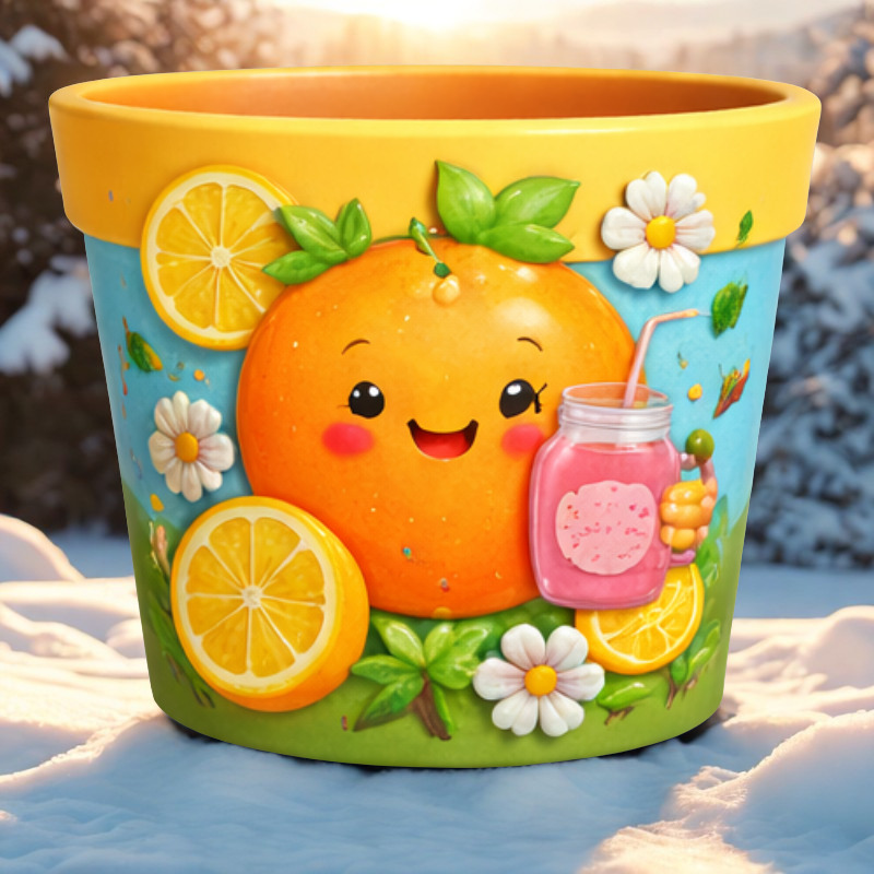 Maceta Cartoon Infantil con Naranja Dulce y Cítricos en Relieve 🍊🍹 Decoración Vibrante y Artesanal - Imagen 3