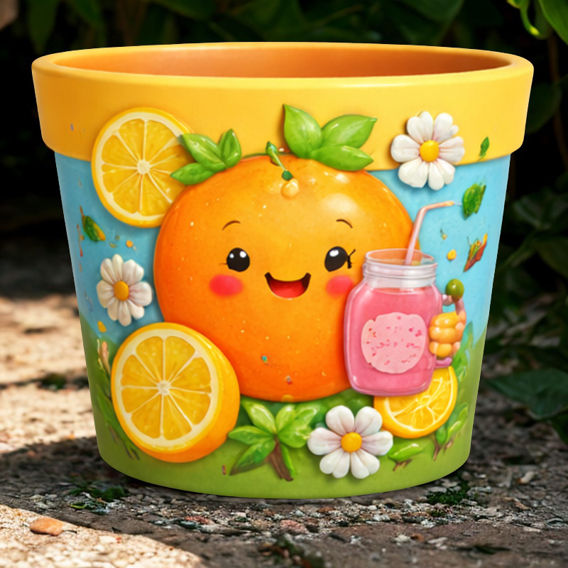 Maceta Cartoon Infantil con Naranja Dulce y Cítricos en Relieve 🍊🍹 Decoración Vibrante y Artesanal - Imagen 4
