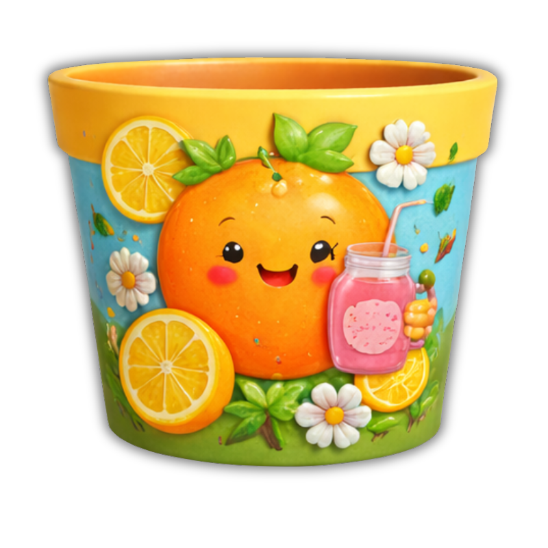 Maceta Cartoon Infantil con Naranja Dulce y Cítricos en Relieve 🍊🍹 Decoración Vibrante y Artesanal