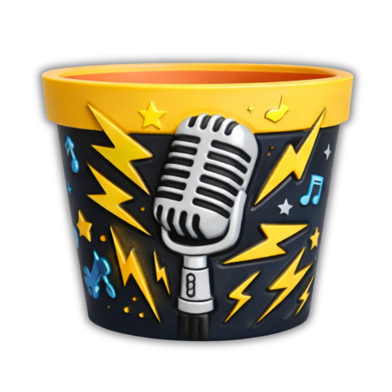Maceta Cartoon Infantil estilo Rock con Micrófono Vintage y Rayos en Relieve 🎤⚡ Decoración Energética y Moderna